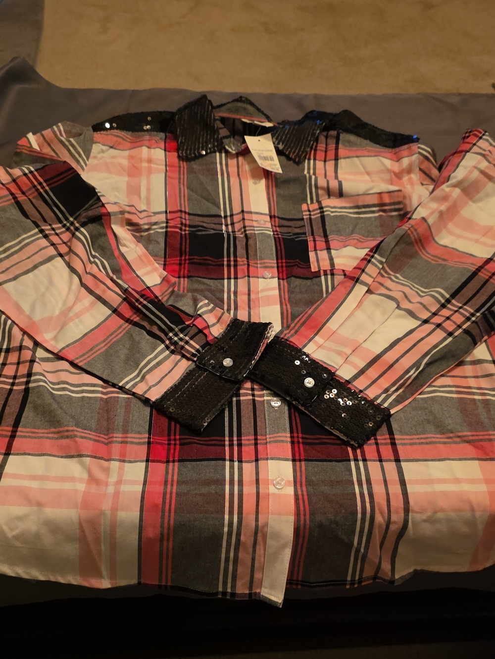 Cato Pink Black Gray Plaid Button-Down Shirt with Sequin Trim
